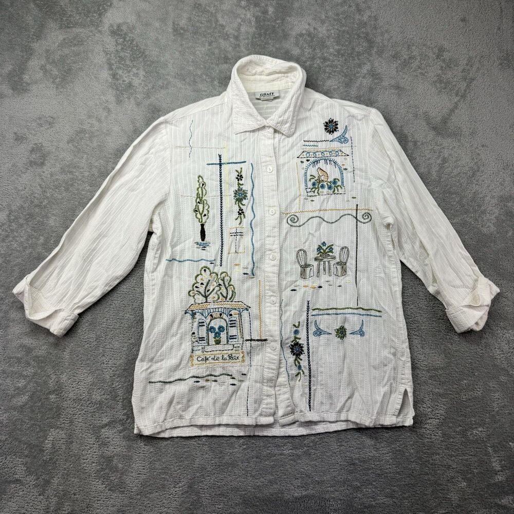 Graff Shirt Women's Small White Long Sleeve Button Up Cottagecore Embroidered
